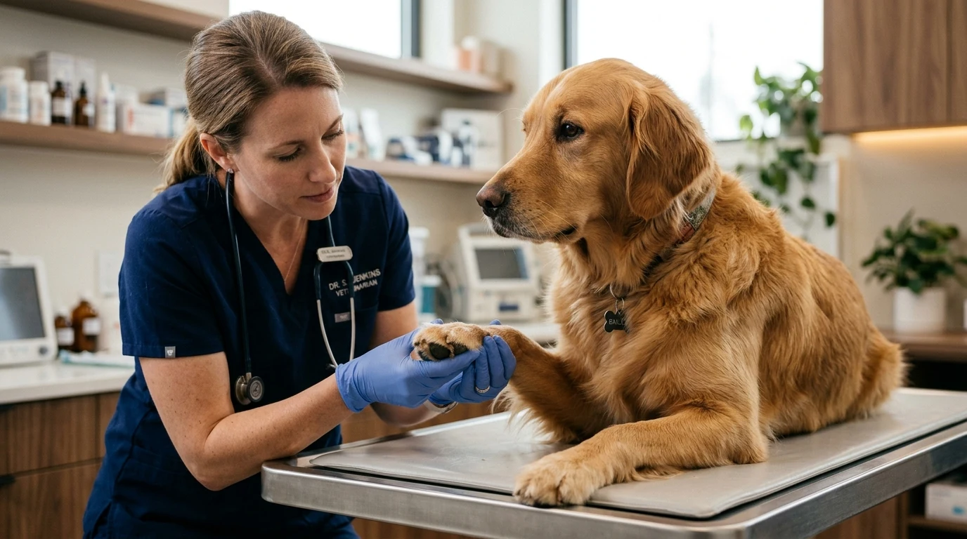 Veterinární ošetření tlapky a drápu u zlatého retrívra